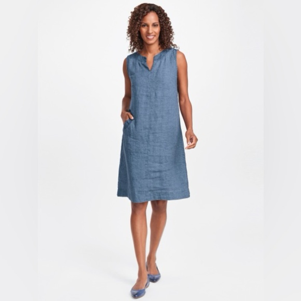 Flax Charming Sleeveless Shift Dress Blue Linen Size Small V-Neck Lagenlook Boho